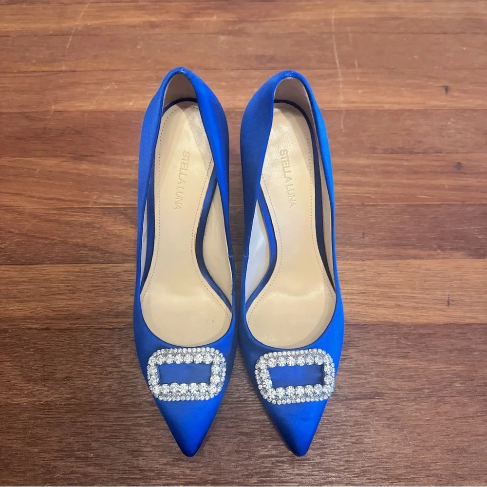 Stella Luna Blue Satin Crystal Buckle Pointed Toe Pumps 10cm Heel 37 Wedding
